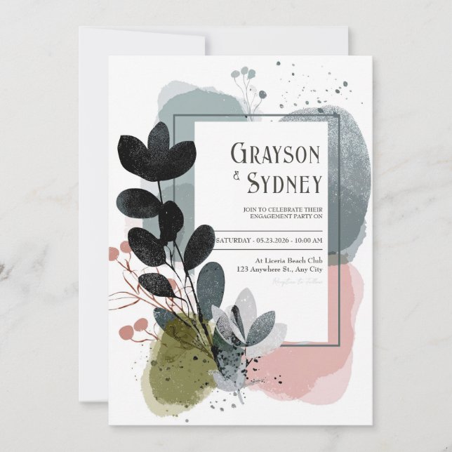Modern Abstract Black Leaf Watercolor Wedding Invitation (Front)