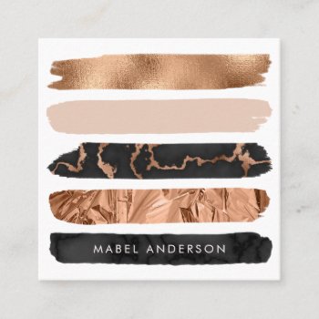 Modern Abstract Black Marble Blush Copper Brush Square Business Card by HannahMaria at Zazzle