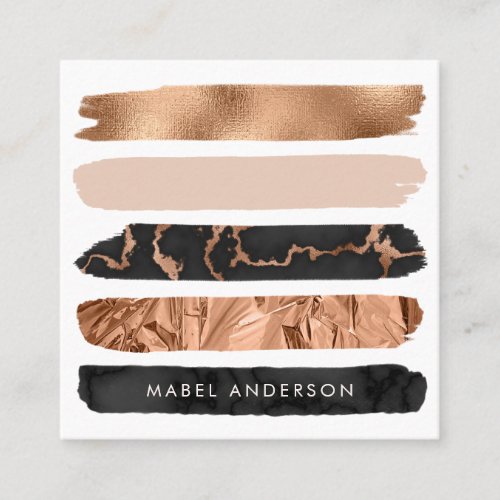 Modern Abstract Black Marble Blush Copper Brush Square Business Card