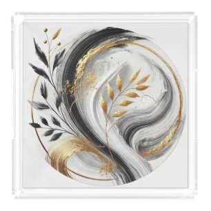 Modern Abstract Black White and Gold-Botanical Acrylic Tray