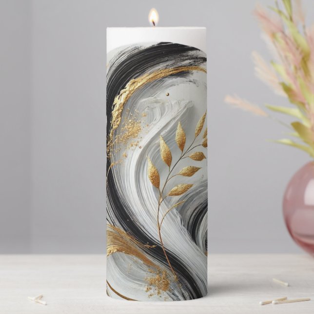 Modern Abstract Black White and Gold- Botanical Pillar Candle (In Situ)