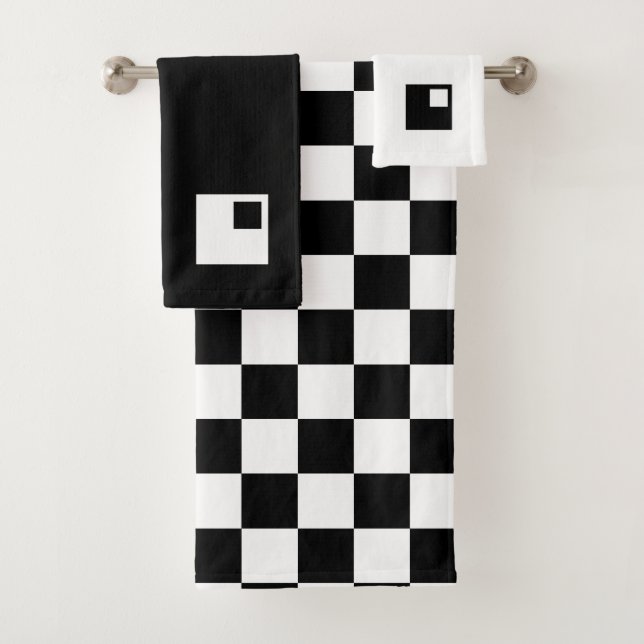 Modern Abstract Black & White Checkered Bath Towel Set (Insitu)