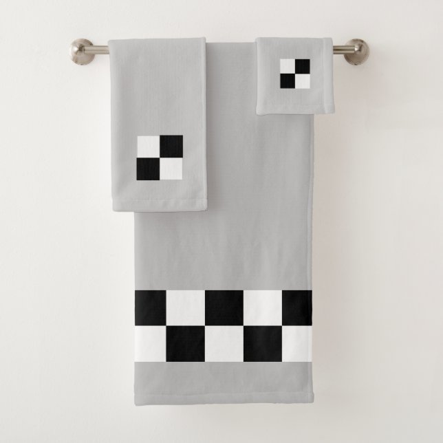 Modern Abstract Black & White Checkered on Gray Bath Towel Set (Insitu)