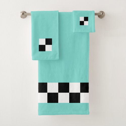 Modern Abstract Black  White Checkered on Teal Bath Towel Set