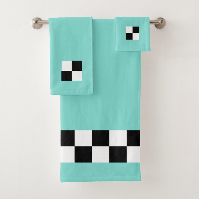 Modern Abstract Black & White Checkered on Teal Bath Towel Set (Insitu)