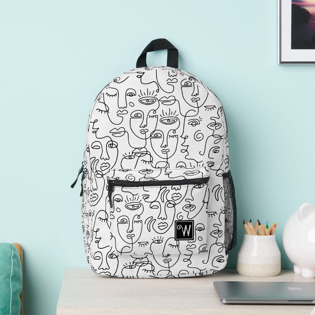 Modern Abstract Black White Face Line Monogram Printed Backpack (Modern abstract black and white face line monogram printed backpack, back to school, birthday gift)