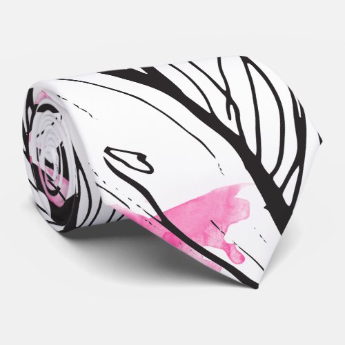 Modern abstract black white floral pink watercolor neck tie