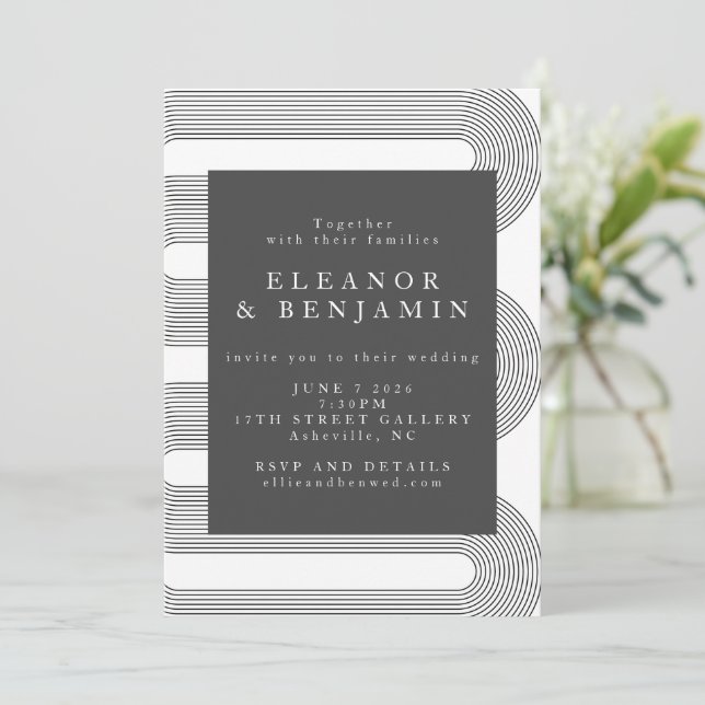 Modern Abstract Black White Lines Elegant Wedding Invitation (Standing Front)