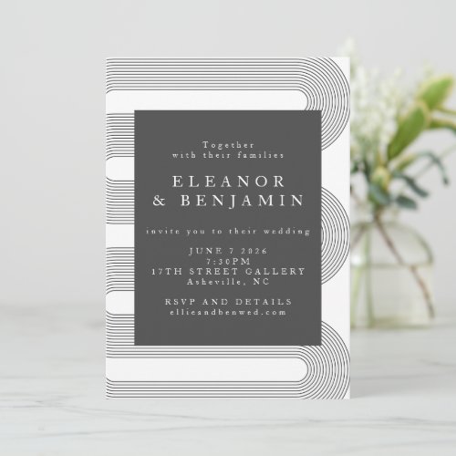 Modern Abstract Black White Lines Elegant Wedding Invitation