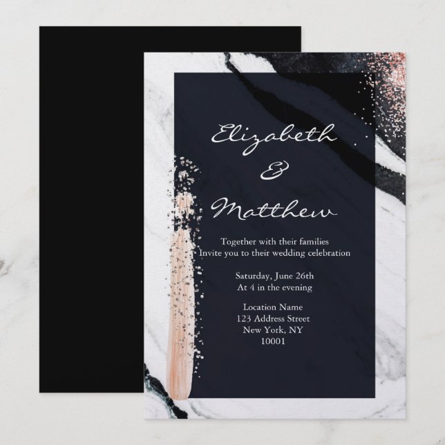 Modern Abstract Black & White Marble Glam Wedding Invitation (Front/Back)