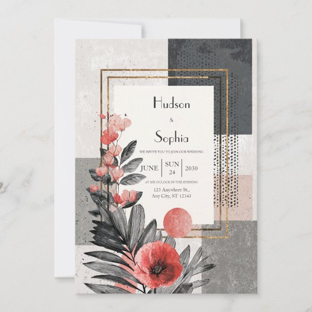 Modern Abstract Black White Red Floral Wedding Invitation (Front)