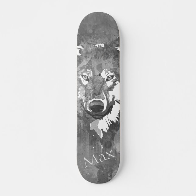 Modern abstract black white watercolor wolf skateboard (Front)