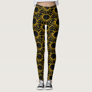 Modern Abstract Black Yellow Eclipse Sun Pattern Leggings