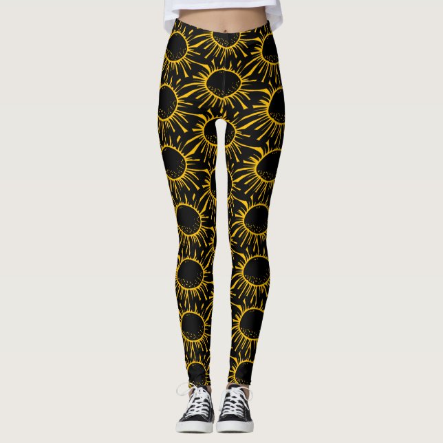 Modern Abstract Black Yellow Eclipse Sun Pattern Leggings (Front)