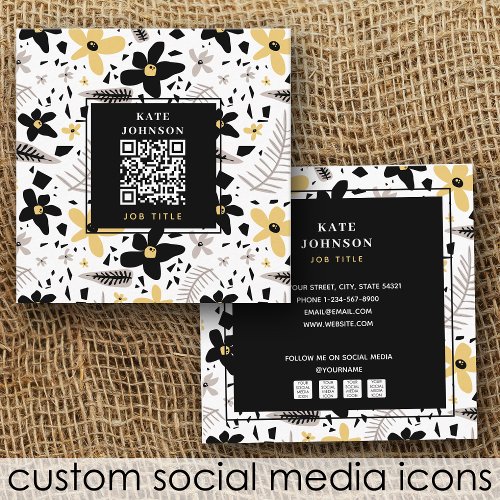 Modern Abstract Black Yellow Gray Floral QR Code Square Business Card