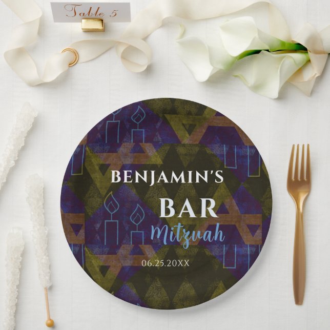 Modern Abstract Blue Bar Mitzvah Bold   Paper Plates (Wedding)