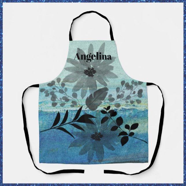 Modern Abstract Blue & Black Floral Apron (Creator Uploaded)