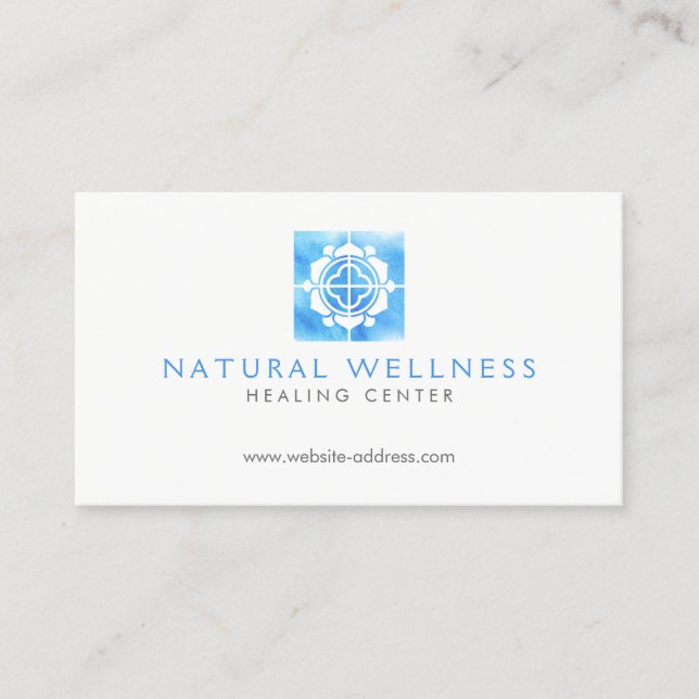 Modern Abstract Blue Floral Logo Wellness Business Card (Front)