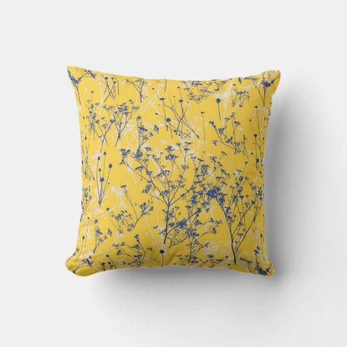 Modern Abstract Blue Flowers Mustard Yellow Throw Pillow
