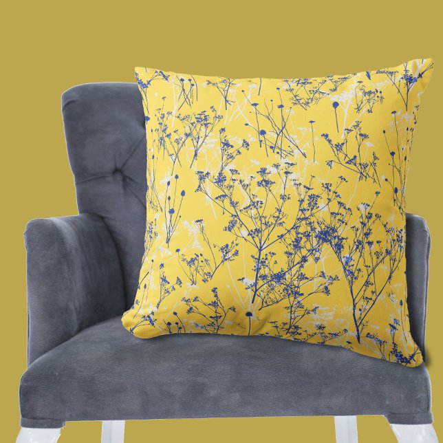 Modern Abstract Blue Flowers Mustard Yellow Throw Pillow (Creator Uploaded)