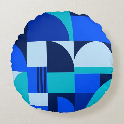 Modern Abstract Blue Geometric Shapes Pattern Round Pillow