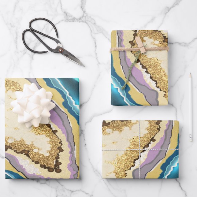 Modern Abstract Blue Gold Agate Geode Gemstone Wrapping Paper Sheets (Front)