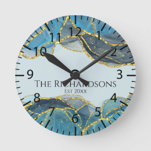 Modern Abstract Blue Gold Agate Stone Geode Ink  Round Clock