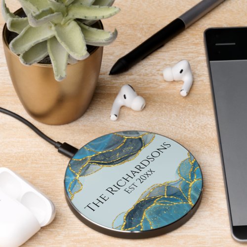 Modern Abstract Blue Gold Agate Stone Ink Name Wireless Charger