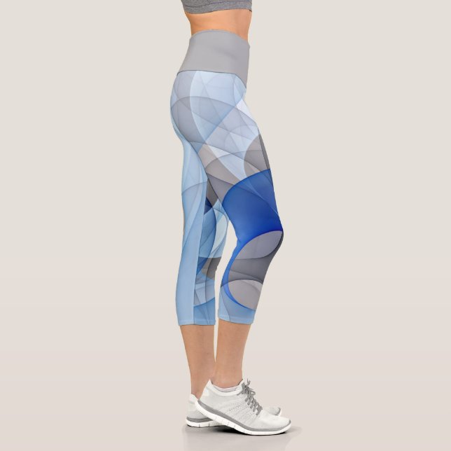 Modern Abstract Blue Gray Fractal Art Graphic Capri Leggings (Right)