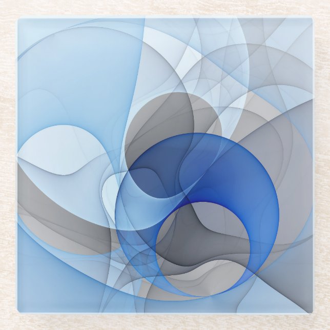Modern Abstract Blue Gray Fractal Art Graphic Glass Coaster (Front)