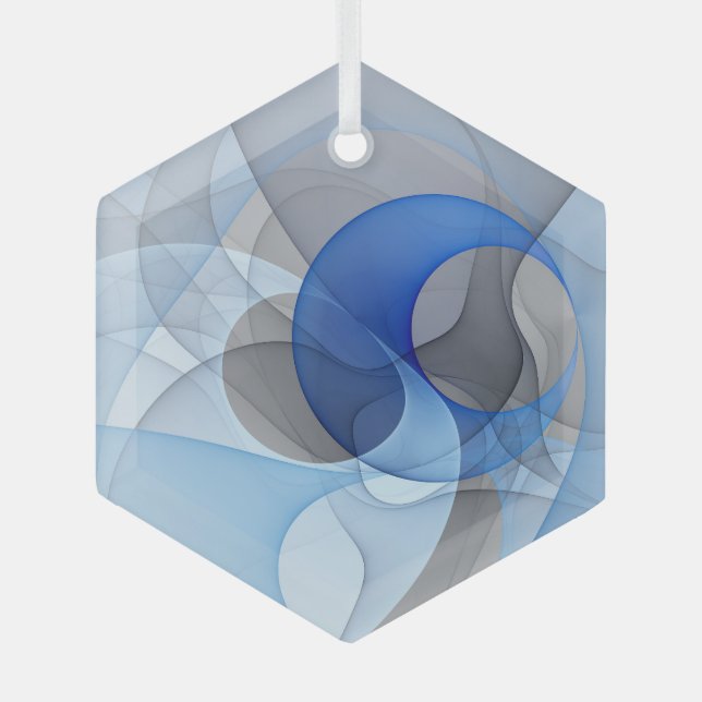 Modern Abstract Blue Gray Fractal Art Graphic Glass Ornament (Front)