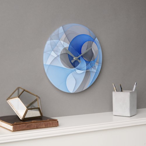 Modern Abstract Blue Gray Fractal Art Graphic Large Clock