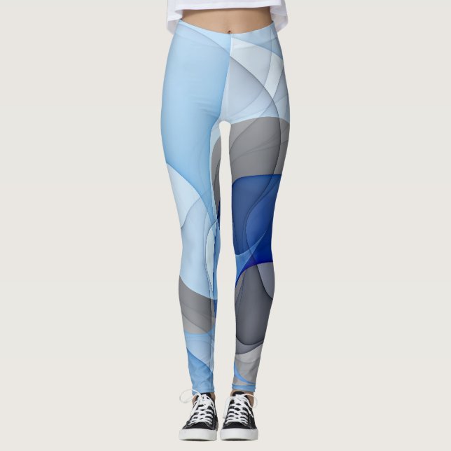 Modern Abstract Blue Gray Fractal Art Graphic Leggings (Front)