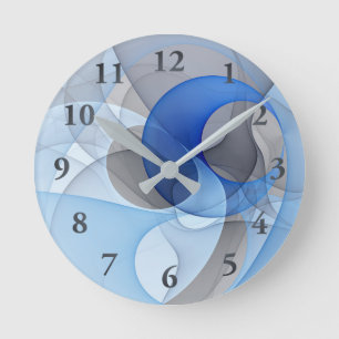 Modern Abstract Blue Gray Fractal Art Graphic Round Clock