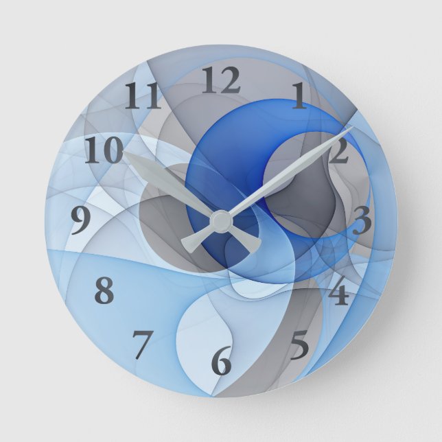 Modern Abstract Blue Gray Fractal Art Graphic Round Clock (Front)