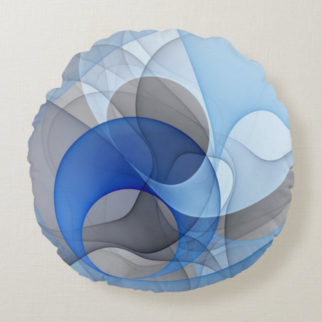 Modern Abstract Blue Gray Fractal Art Graphic Round Pillow (Front)