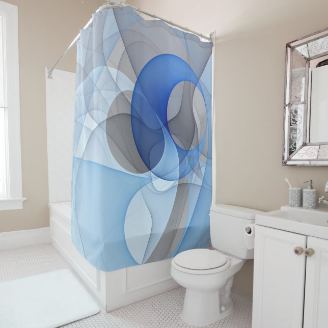Modern Abstract Blue Gray Fractal Art Graphic Shower Curtain (In Situ)