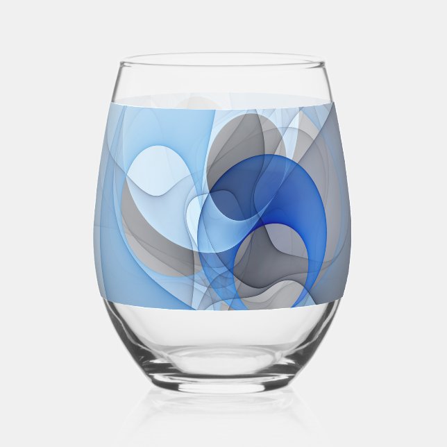 Modern Abstract Blue Gray Fractal Art Graphic Stemless Wine Glass (Front)
