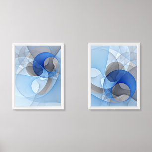 Modern Abstract Blue Gray Fractal Art Graphic Wall Art Sets