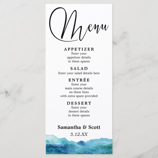Modern Abstract Blue Green Aqua Watercolor Menu (Front)