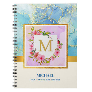 Modern Abstract Blue Liquid Gold Foil Monogram Notebook