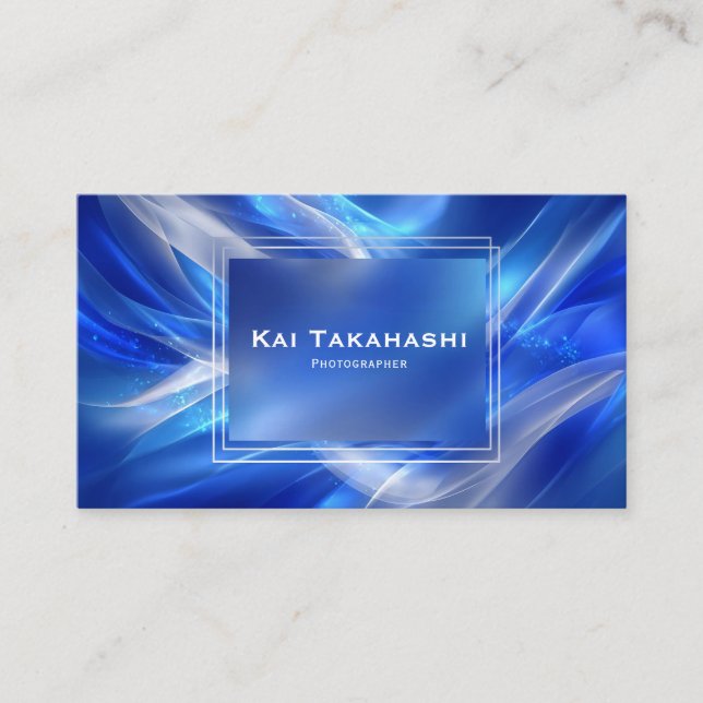 Modern Abstract Blue Luminous Wave White Frame Business Card (Front)
