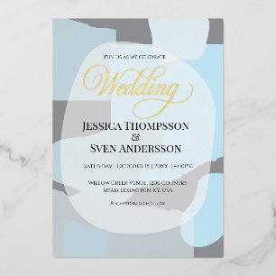 Modern Abstract Blue Minimalist Artistic Wedding Foil Invitation