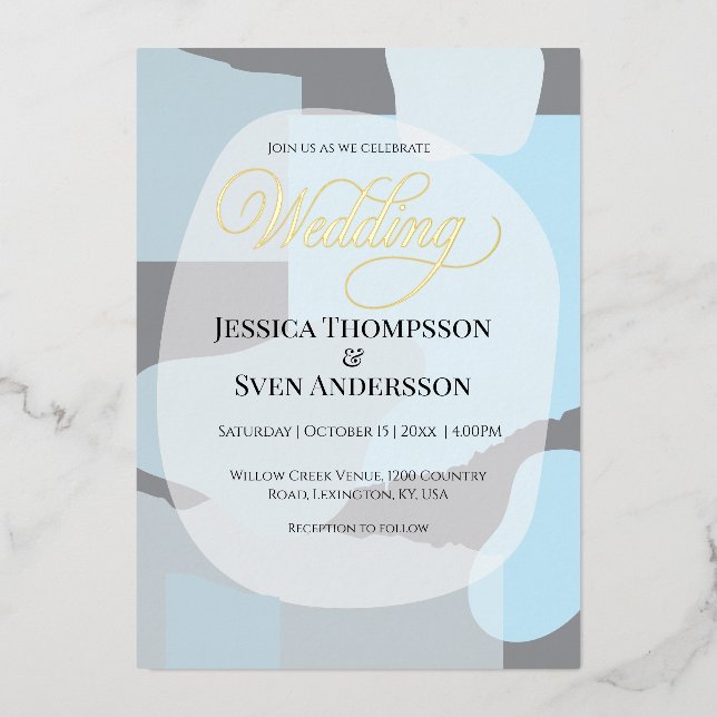 Modern Abstract Blue Minimalist Artistic Wedding  Foil Invitation (Front)