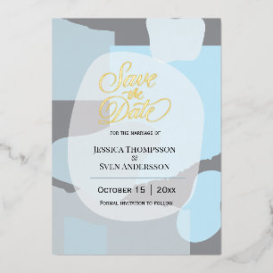 Modern Abstract Blue Minimalist Artistic Wedding Foil Invitation