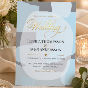 Modern Abstract Blue Minimalist Artistic Wedding Foil Invitation