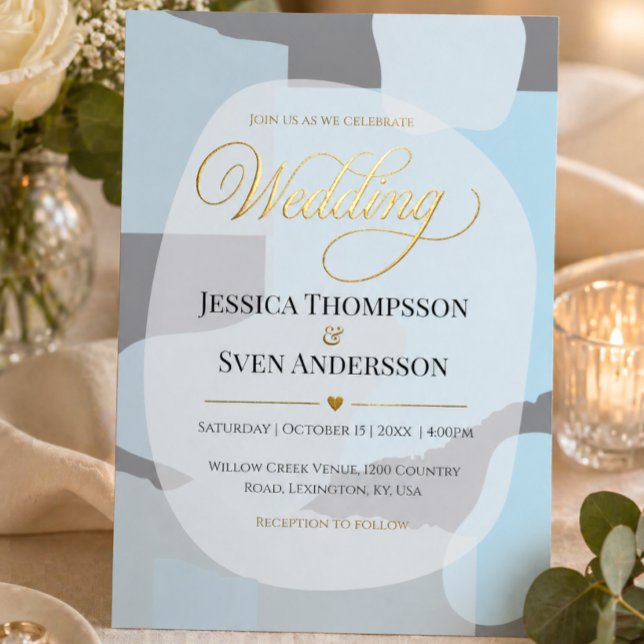 Modern Abstract Blue Minimalist Artistic Wedding  Foil Invitation (Creator Uploaded)