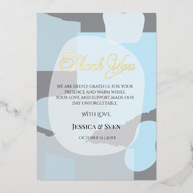 Modern Abstract Blue Minimalist Artistic Wedding  Foil Invitation (Front)
