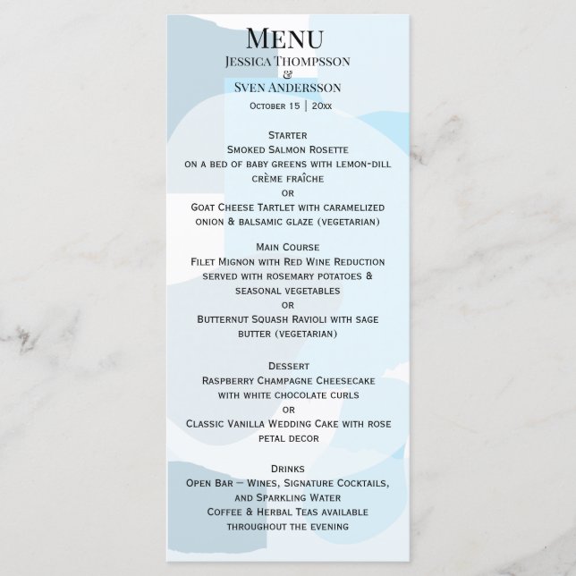 Modern Abstract Blue Minimalist Artistic Wedding  Menu (Front)