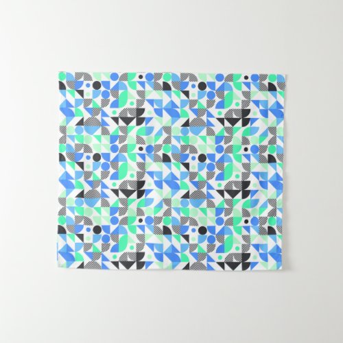 Modern Abstract Blue Mint Black Geometric Pattern Tapestry